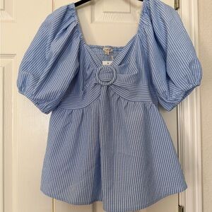 NWT Blue & White Striped Babydoll Puff-Sleeve Top - Small